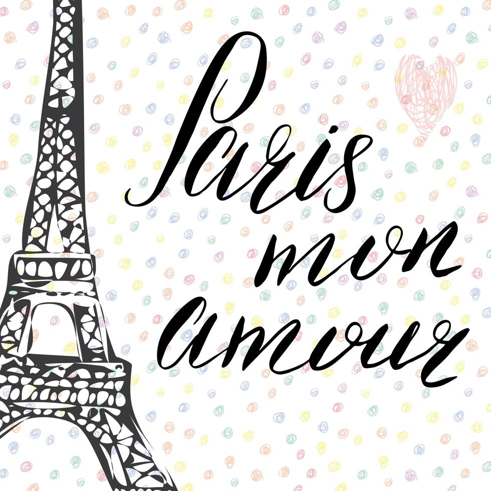 París mi amor signo de letras palabras en francés con boceto dibujado a mano torre eiffel sobre fondo abstracto ilustración vectorial vector
