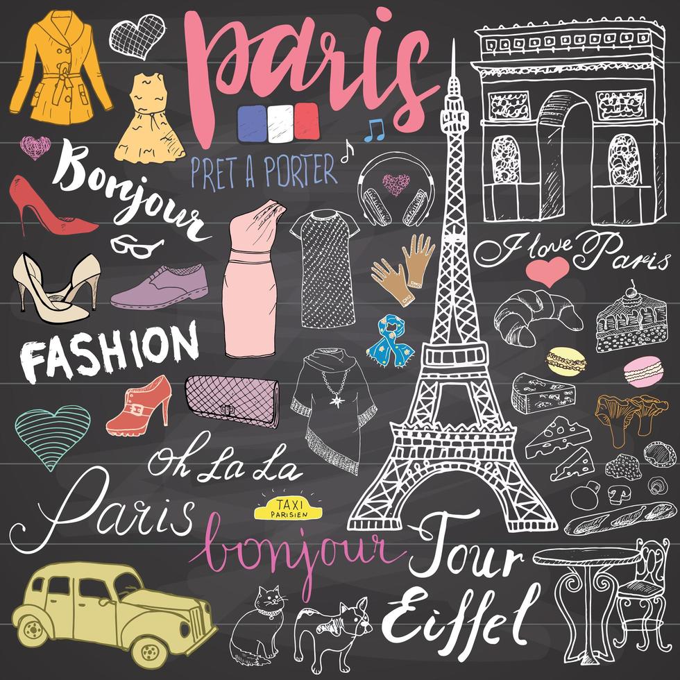 Paris doodles elements Hand drawn set with Eiffel tower bred cafe taxi triumph arch Notre Dame cathedral fashion element cat and French bulldog Drawing doodle collection on chalkboard vector