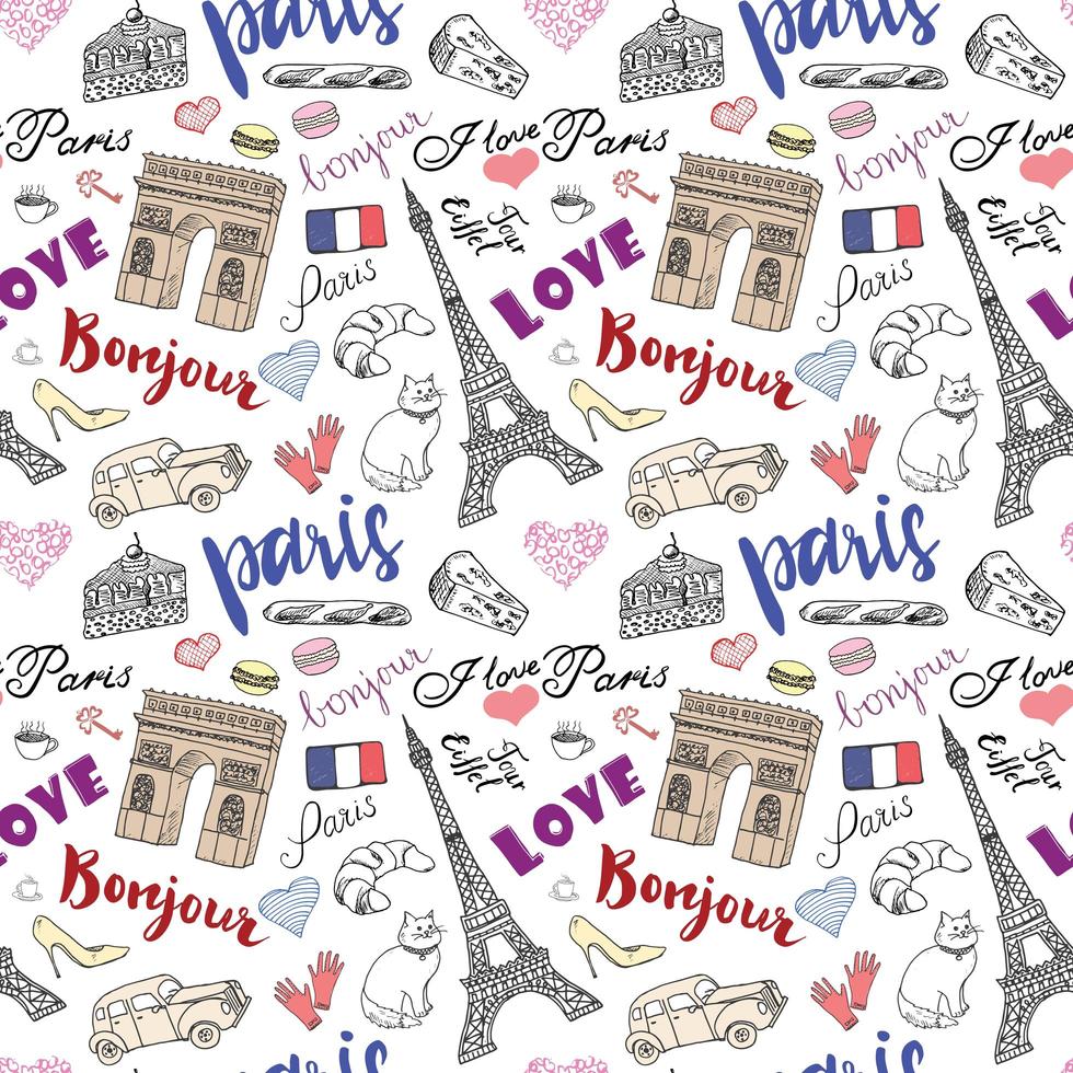 Paris seamless pattern with Hand drawn sketch elements Eiffel tower
