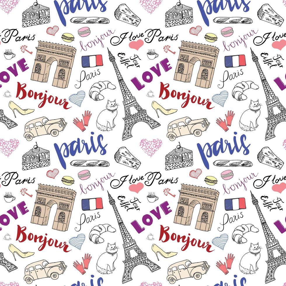 París de patrones sin fisuras con elementos de boceto dibujados a mano torre eiffel arco de triumf artículos de moda dibujo ilustración de vector de doodle aislado en blanco