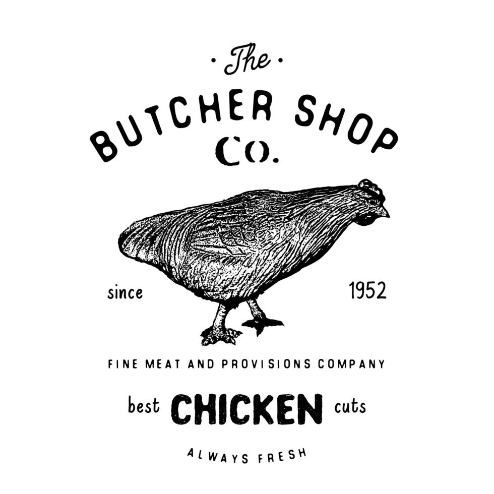 Butcher Shop vintage emblem, chiken meat products, butchery Logo template retro style. Vintage Design for Logotype, Label, Badge and brand design. vector illustrati on isolated