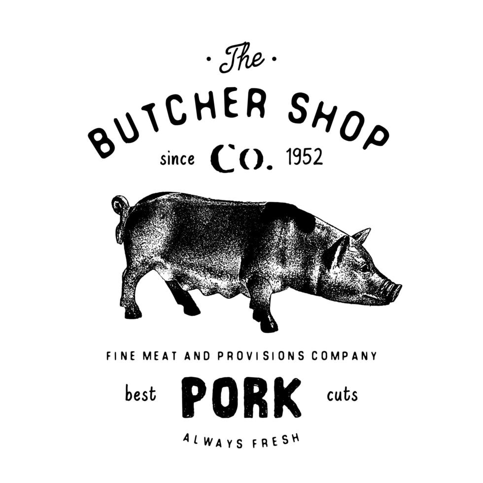 carnicería emblema vintage productos de carne de cerdo, estilo retro de plantilla de logotipo de carnicería. diseño vintage para logotipo, etiqueta, insignia y diseño de marca. ilustración vectorial aislado en blanco vector