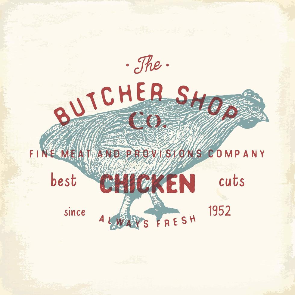 Butcher Shop vintage emblem, chicken meat products, butchery Logo template retro style. Vintage Design for Logotype, Label, Badge and brand design. vector illustration.