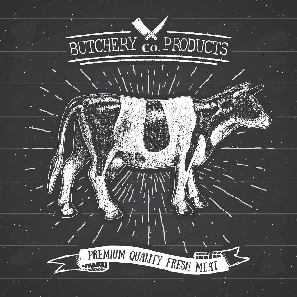 Butcher Shop vintage emblem beef meat products, butchery Logo template retro style. Vintage Design for Logotype, Label, Badge and brand design. vector illustration on chalkboard