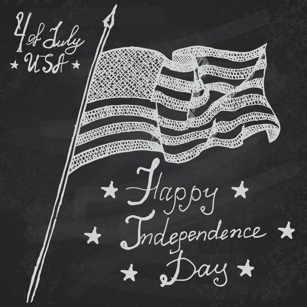 Usa waving flag, American symbol, forth of july, Hand drawn sketch, text happy independence day, vector illustration, on chalkboard background