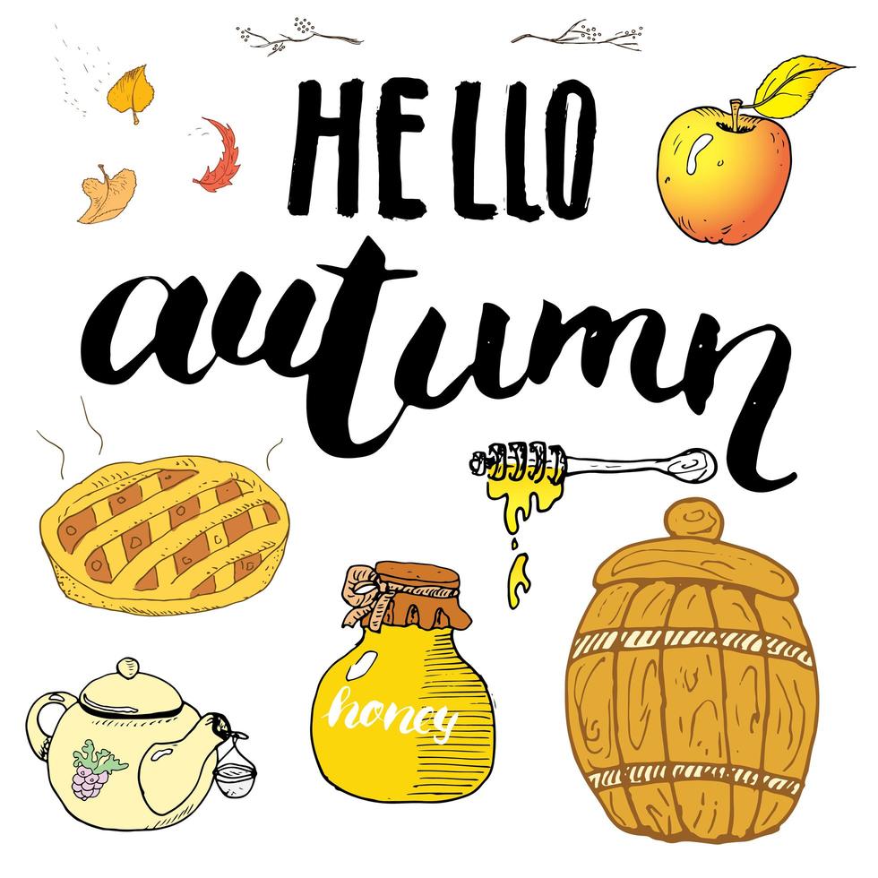 temporada de otoño. garabatos dibujados a mano y letras ilustración vectorial. vector