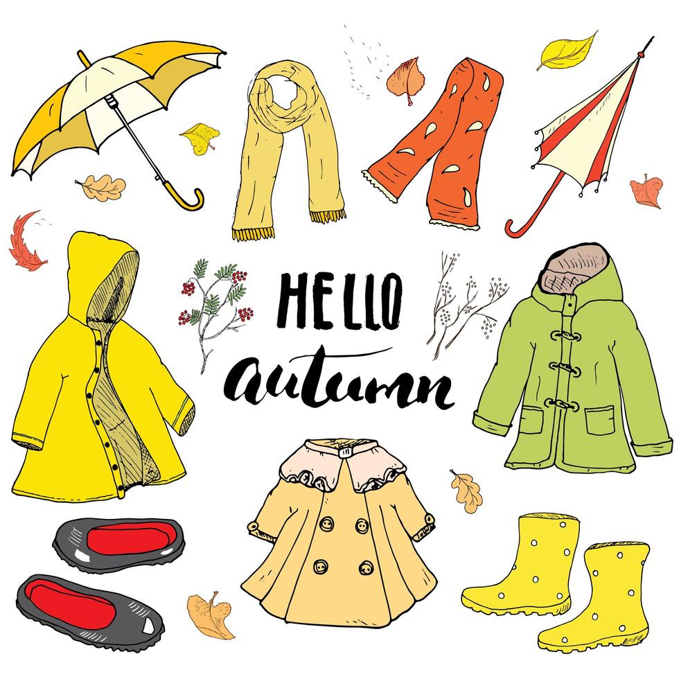 Autumn season clothes set. Hand drawn doodles and lettering vector illustration.