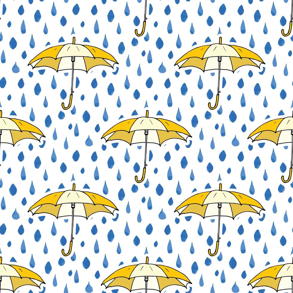 Rain drops and umbrella seamless pattern. Hand drawn vector illustration.