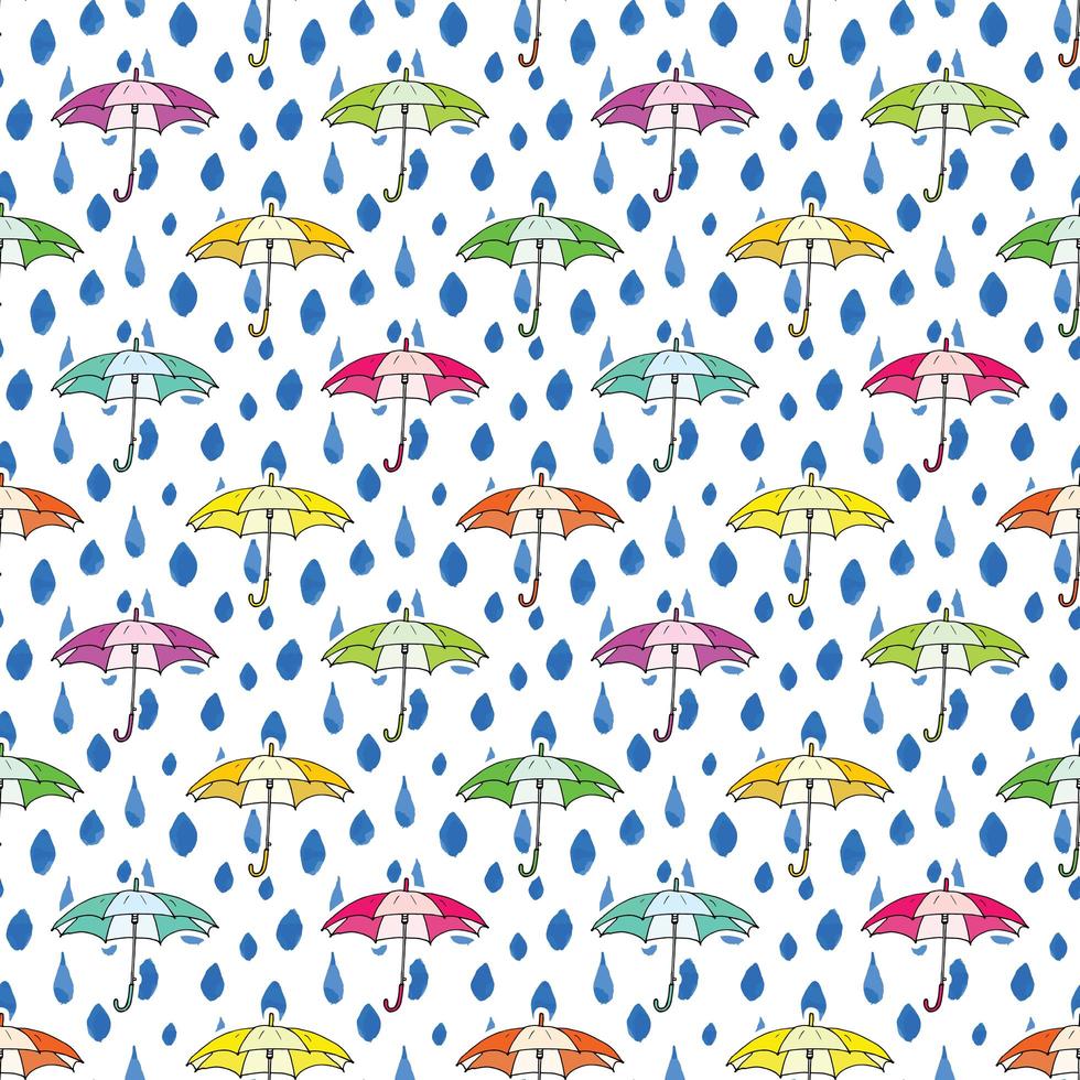 gotas de lluvia y paraguas de patrones sin fisuras. Ilustración de vector dibujado a mano.