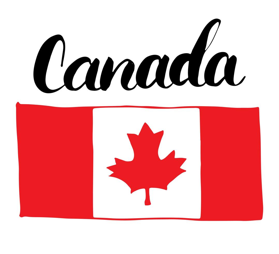 Canadá bandera dibujada a mano, con hoja de arce y letras de caligrafía ilustración vectorial aislado sobre fondo blanco. vector