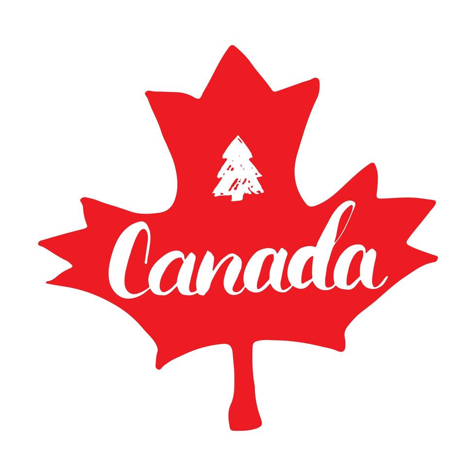 Canadá dibujado a mano hoja de arce con letras de caligrafía ilustración vectorial aislado sobre fondo blanco. vector