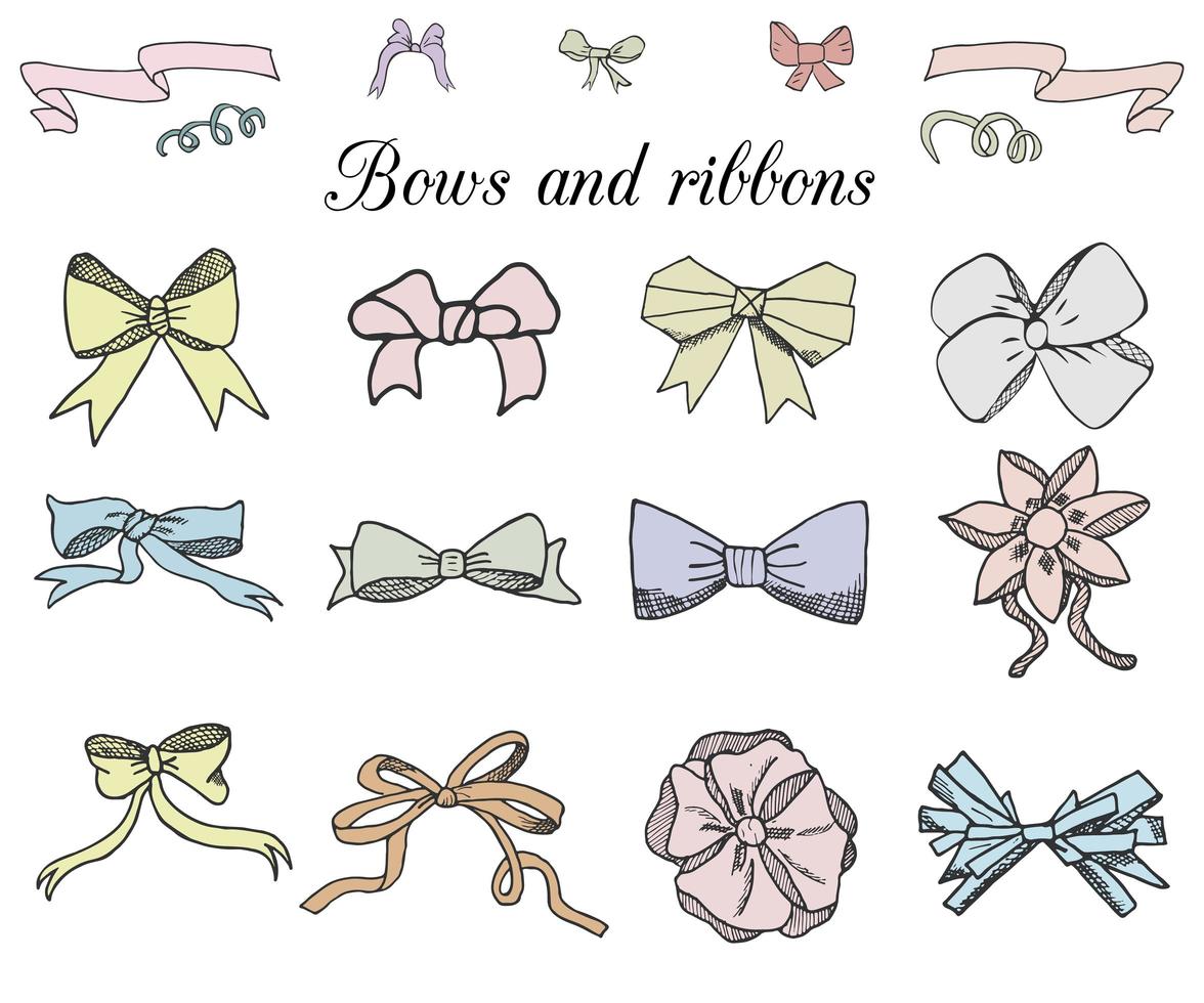 Hand drawn ribbons and bows set vector illustration. A collection of sketchad doodle graphic ribbons and bows, design elements set colored isolated