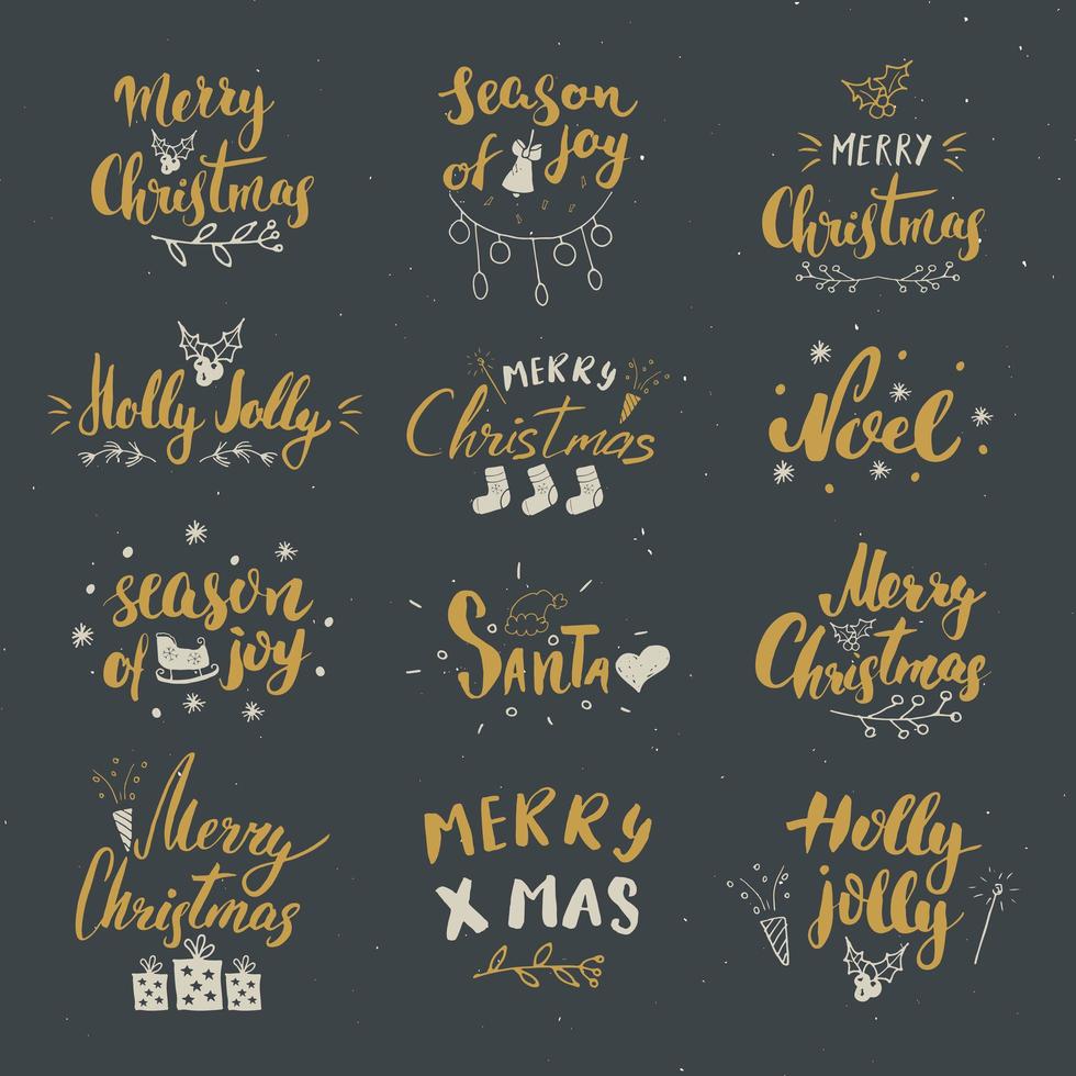 Feliz Navidad conjunto de letras caligráficas. diseño de saludos tipográficos. Letras de caligrafía para saludo navideño. Ilustración de vector de texto de letras dibujadas a mano