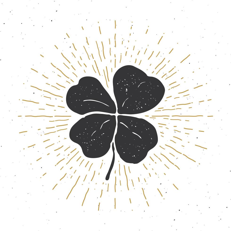 Vintage label, Hand drawn lucky four leaf clover, Happy Saint Patricks Day greeting card, grunge textured retro badge, typography design vector illustration