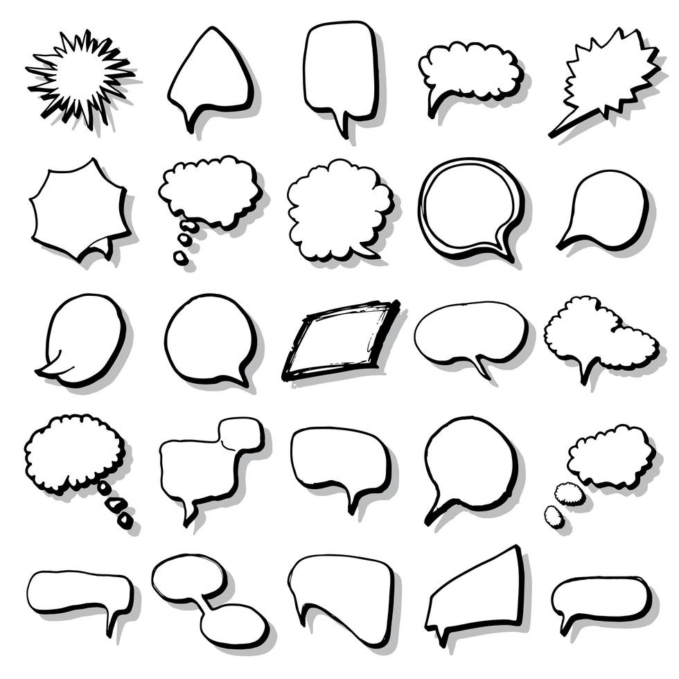 Comic book speech bubbles and cartoon sound effects set. Hand drawn pop art style signs vector illustration.