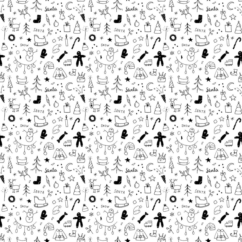 New Year and Christmas seamless pattern, hand drawn doodles Seamless Pattern. Background Vector Illustration