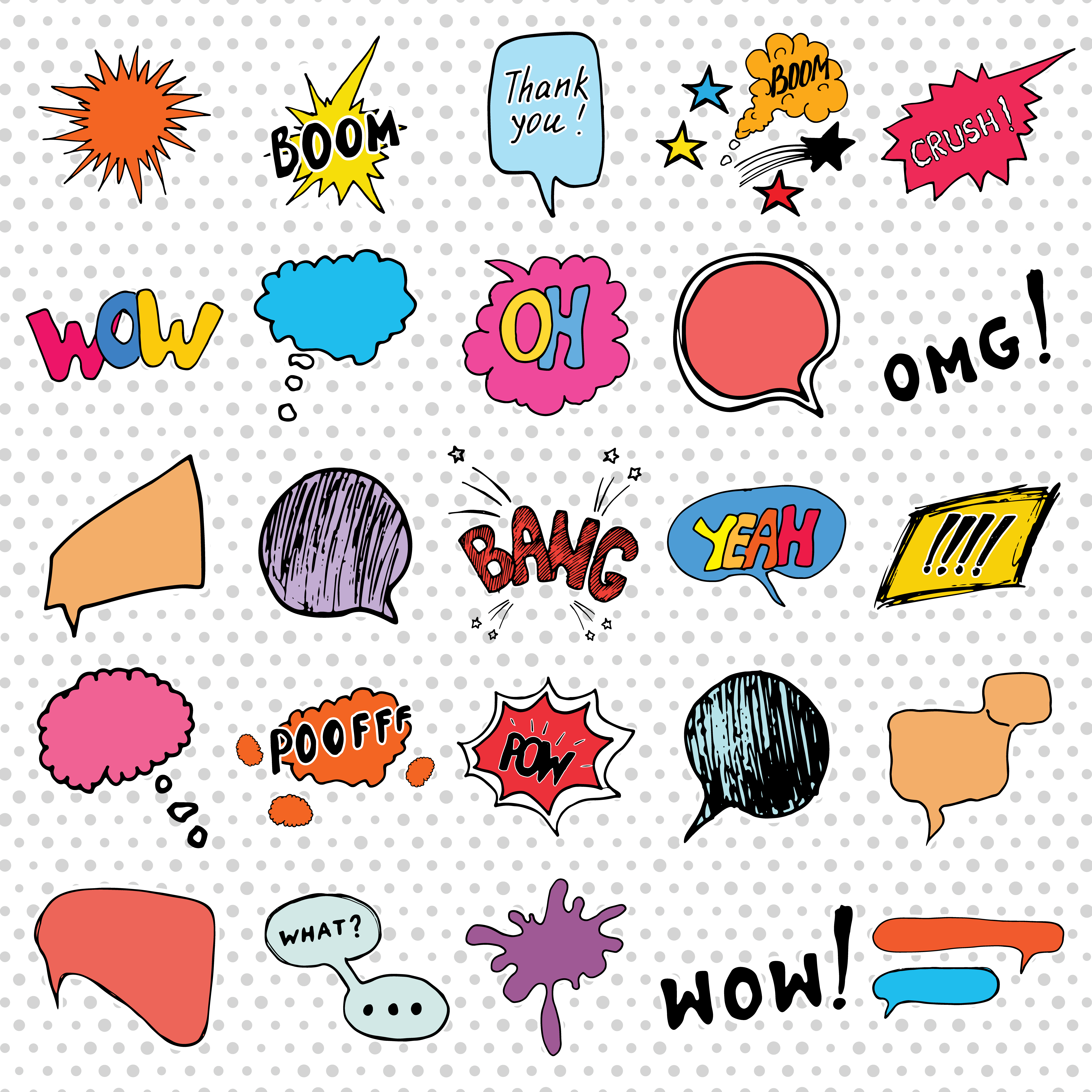 Comic book speech bubbles and cartoon sound effects set. Hand drawn pop art  style signs vector illustration. 2480110 Vector Art at Vecteezy