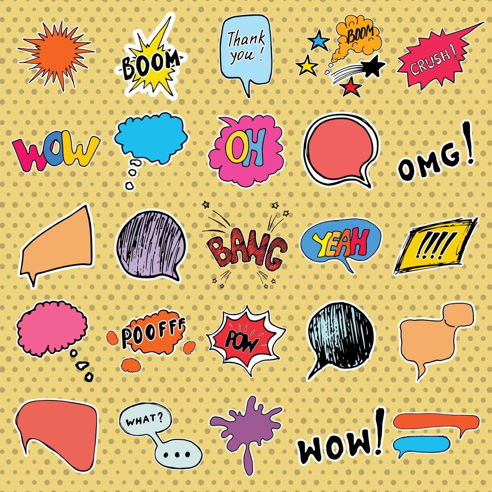 Comic book speech bubbles and cartoon sound effects set. Hand drawn pop art style signs vector illustration.