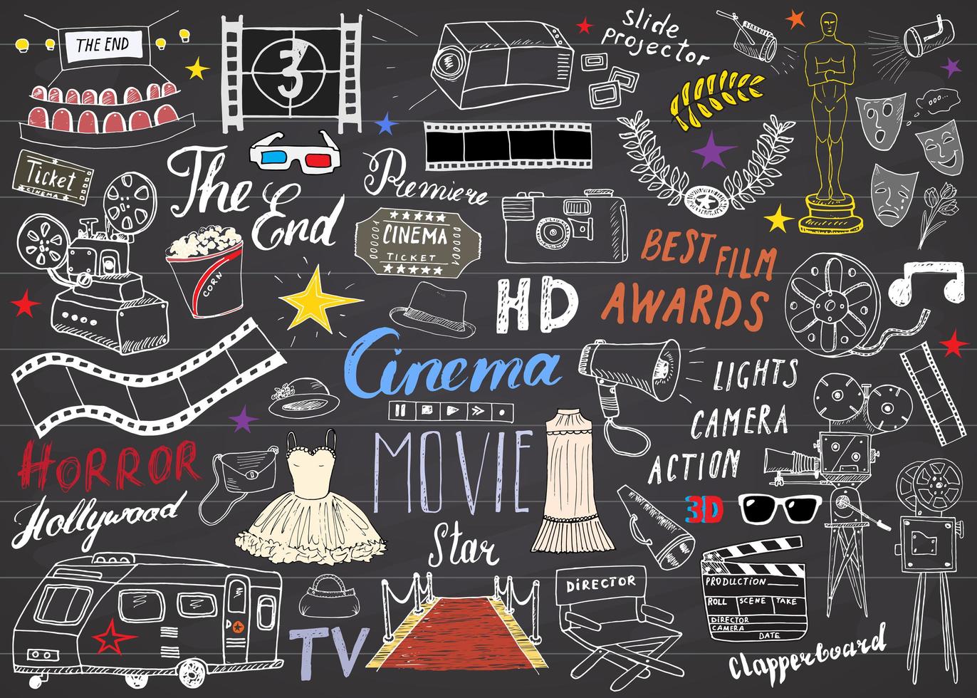 conjunto de la industria del cine y el cine. boceto dibujado a mano, ilustración vectorial en pizarra vector
