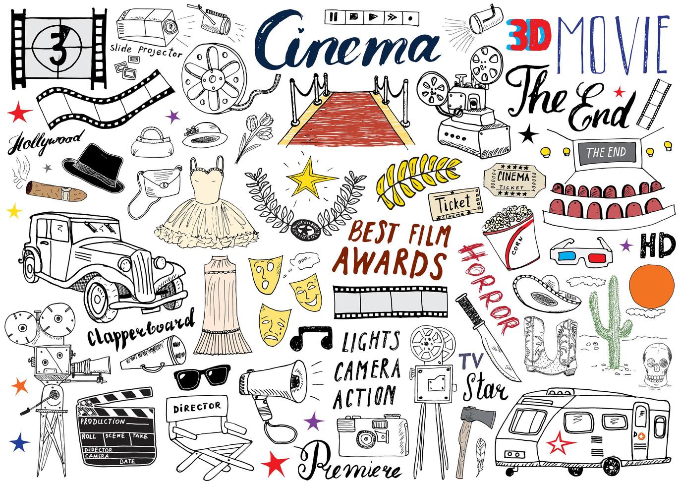 Cinema and Film Industry Set. Hand Drawn Sketch, Vector Illustration.