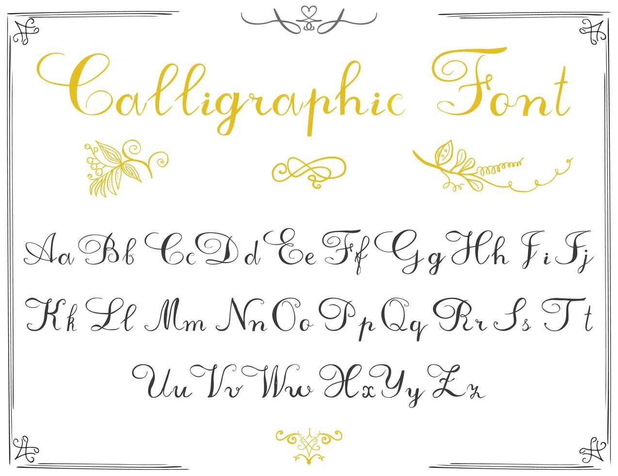 Alphabet letters, hand drawn calligraphy font. Vector alphabet. Hand written letters of the alphabet and decoration elements isolated on white background