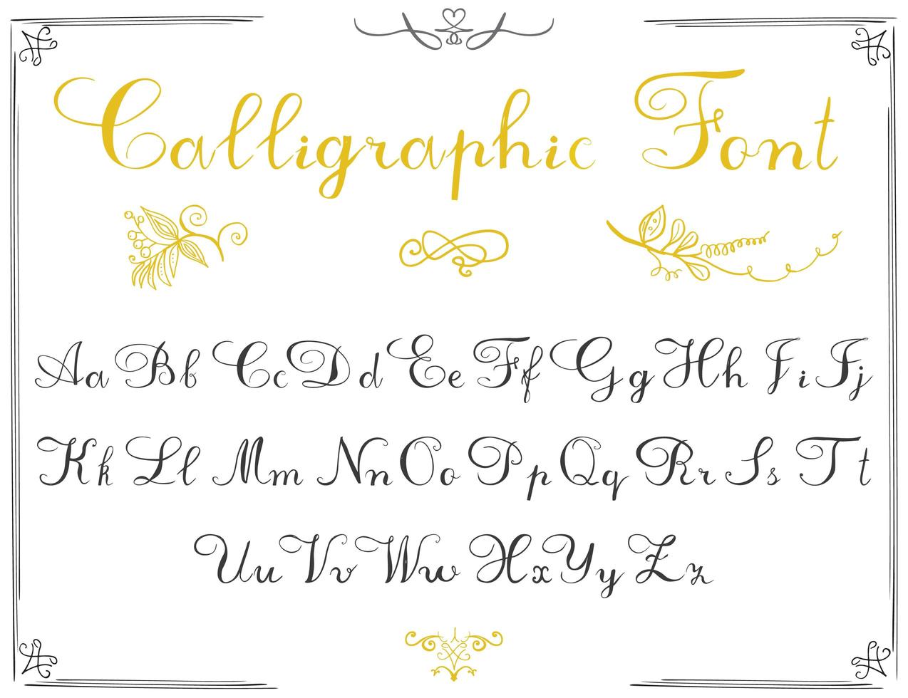 Alphabet letters, hand drawn calligraphy font. Vector alphabet. Hand written letters of the alphabet and decoration elements isolated on white background