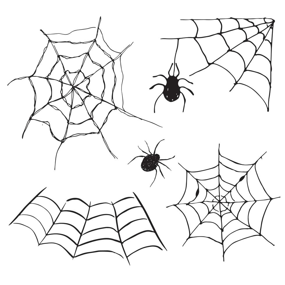 Conjunto de tela de araña dibujado a mano ilustración de vector de web bosquejado aislado sobre fondo blanco