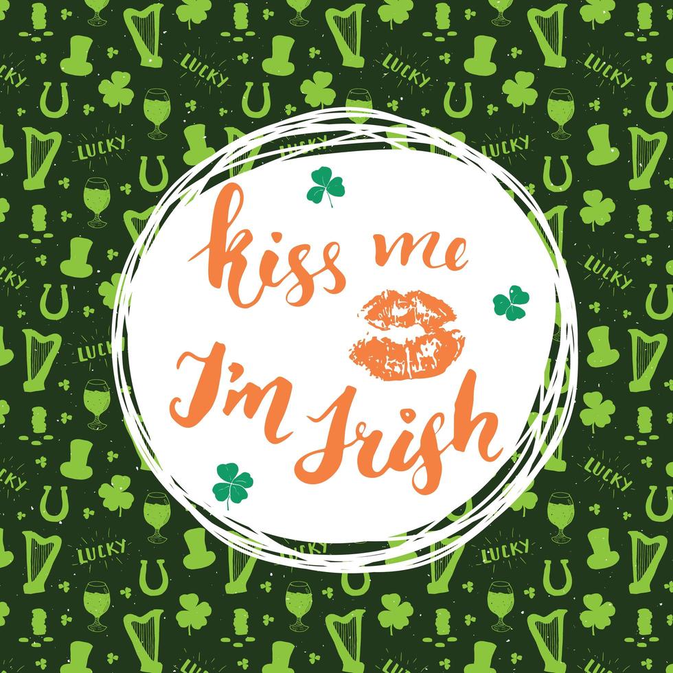 Kiss me, I'm irish. St Patrick's Day greeting card Hand lettering with lips and clovers, Irish holiday brushed calligraphic sign vector illustration on pattern background