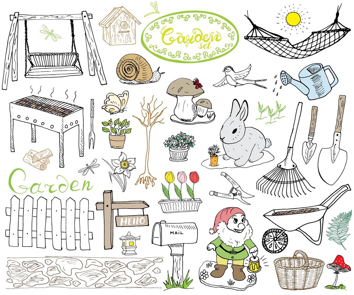 jardín establece elementos de garabatos. boceto dibujado a mano con herramientas de jardinería, flovers y plantas, figuras de jardín, hongos gnomos, conejos, nidos y pájaros, columpio de jardín. dibujo doodle, aislado en blanco vector