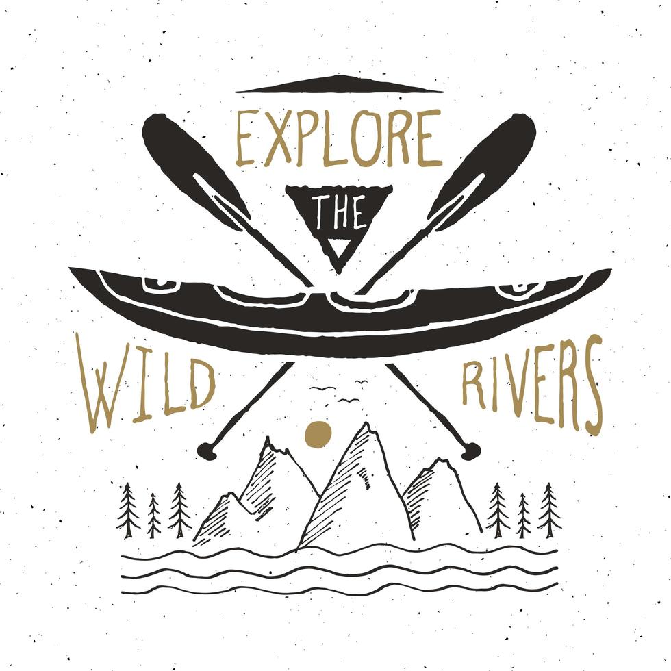 Kayak and canoe vintage label, Hand drawn sketch, grunge textured retro badge, typography design t-shirt print, vector illustration