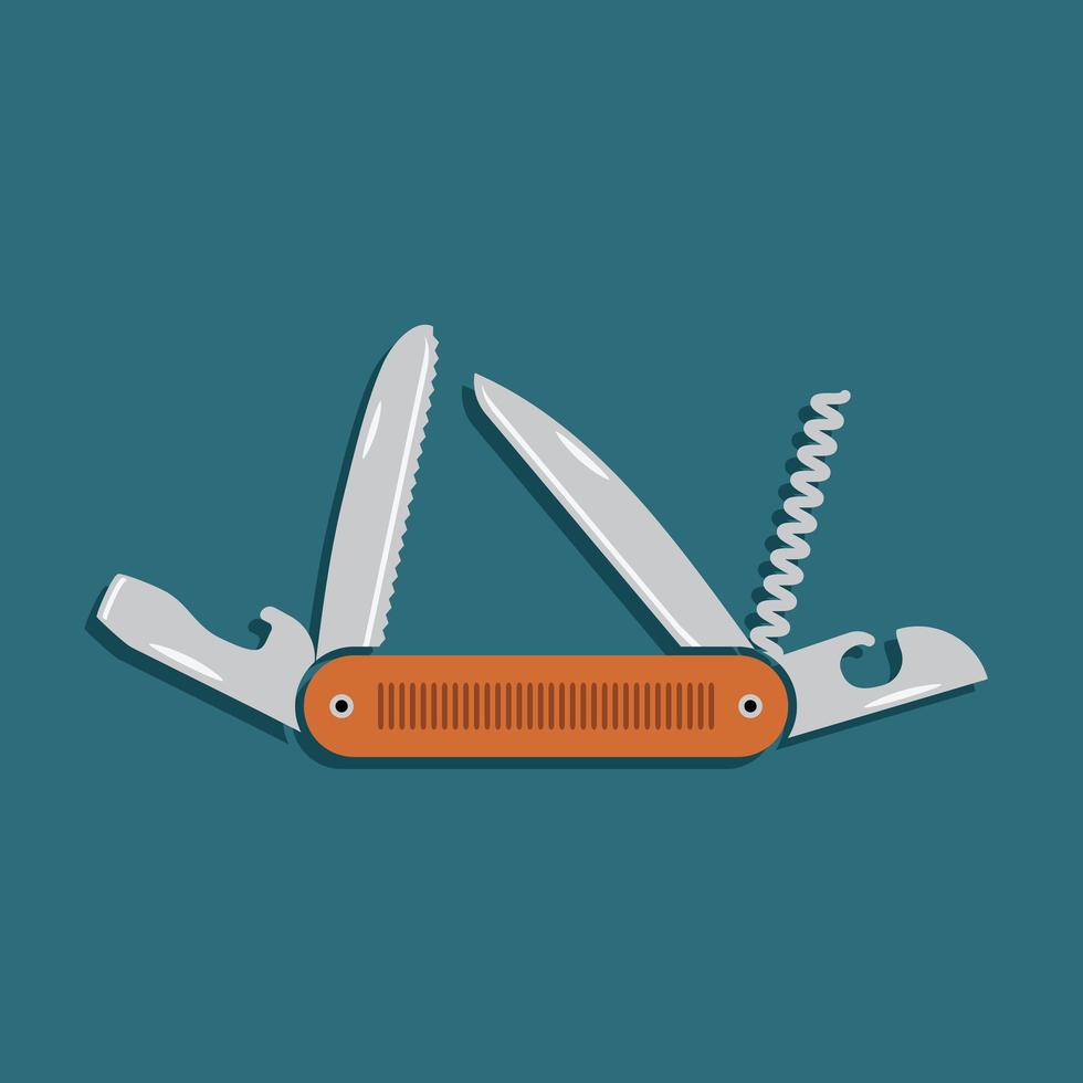 Multifunctional pocket knife icon. Flat design of hiking and camping equipment tool, vector illustration with long shadow