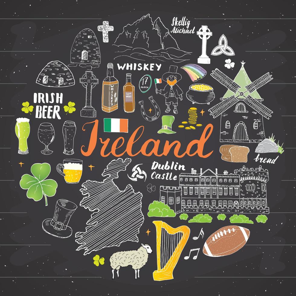 garabatos del bosquejo de Irlanda. Elementos irlandeses dibujados a mano con bandera y mapa de Irlanda, cruz celta, castillo, trébol, arpa celta, molino y oveja, botellas de whisky y cerveza irlandesa, vector en pizarra