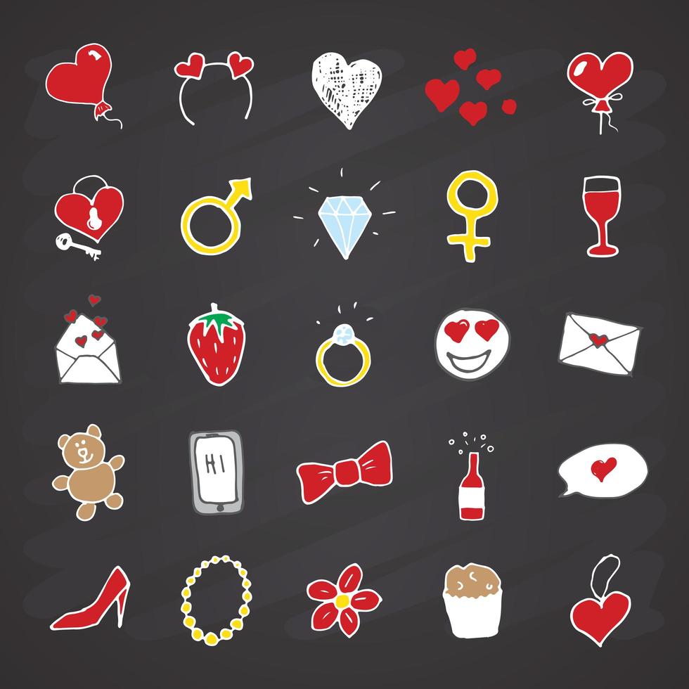 Amor y San Valentín doodle iconos, conjunto de signos dibujados a mano, ilustración vectorial sobre fondo de pizarra vector