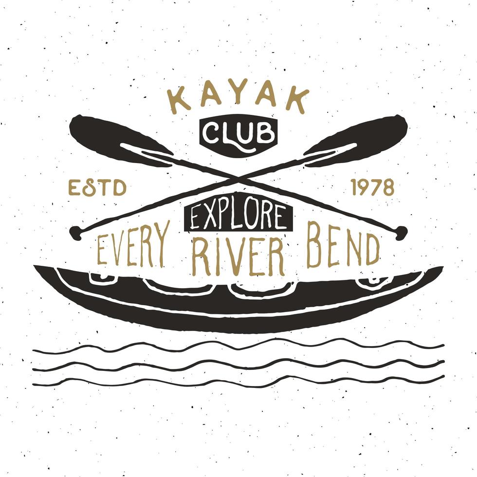 Etiqueta vintage de kayak y canoa, boceto dibujado a mano, insignia retro con textura grunge, estampado de camisetas con diseño de tipografía, ilustración vectorial vector