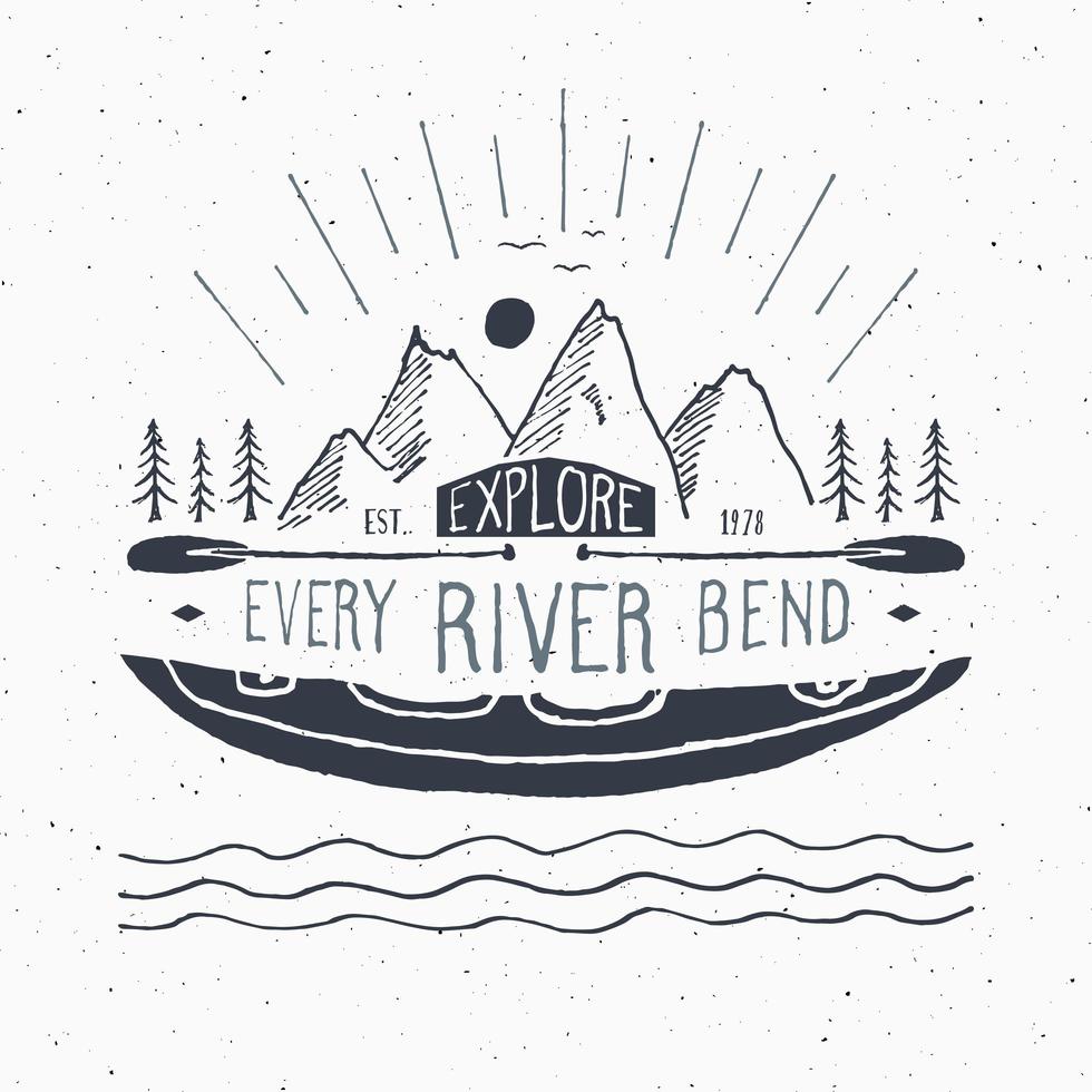 Kayak and canoe vintage label, Hand drawn sketch, grunge textured retro badge, typography design t-shirt print, vector illustration