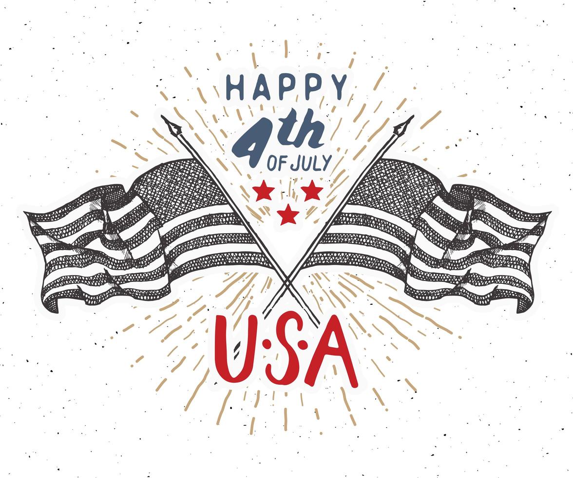 feliz día de la independencia, cuatro de julio, tarjeta de felicitación vintage con banderas de estados unidos, celebración de los estados unidos de américa. letras de la mano, ilustración de vector de diseño retro con textura grunge de vacaciones americanas.