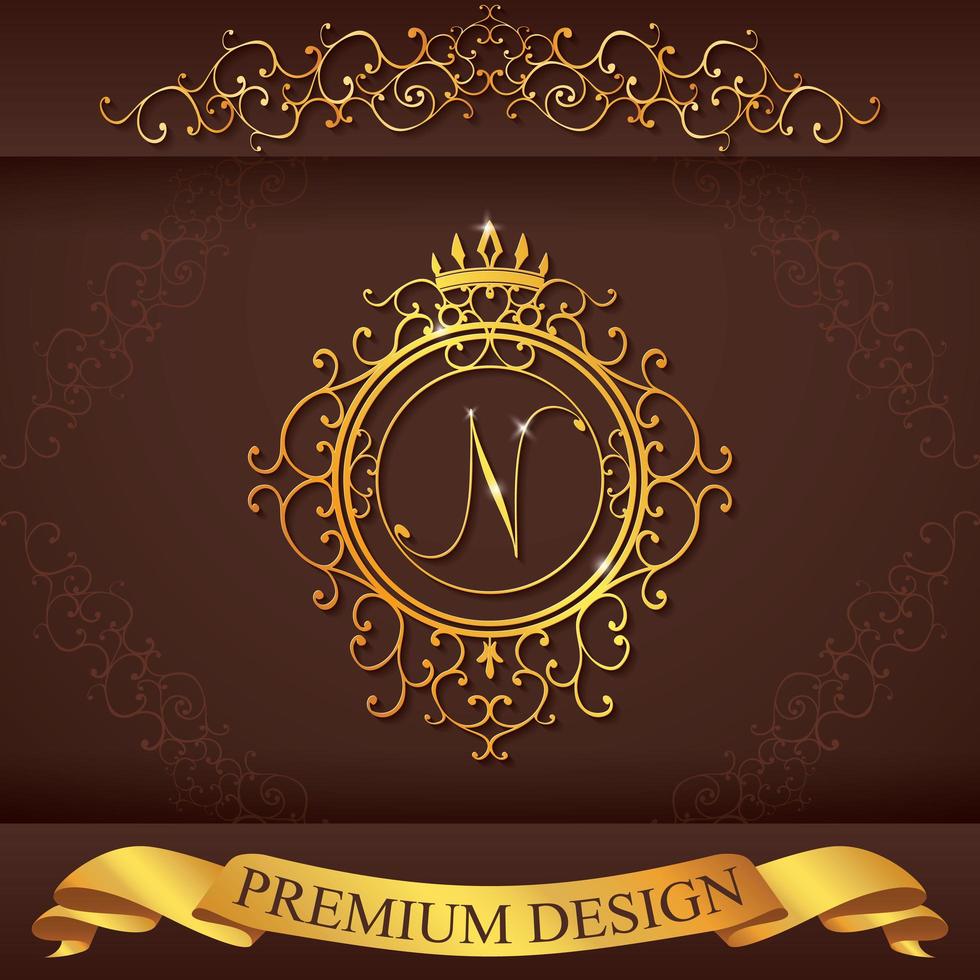 Letter N. Luxury Logo template flourishes calligraphic elegant ornament lines. Business sign, identity for Restaurant, Royalty, Boutique, Hotel, Heraldic, Jewelry, Fashion, vector illustration