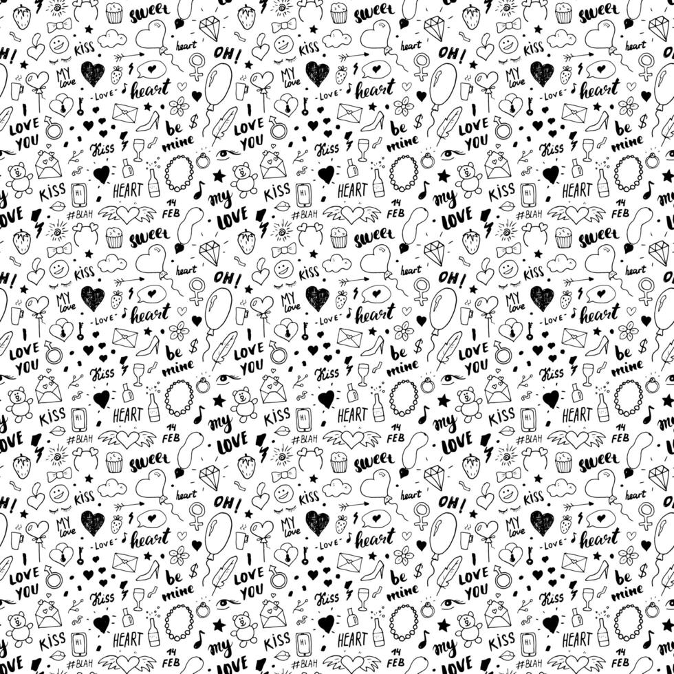 Love and Valentine Day seamless pattern vector illustration. Hand drawn sketched doodle romantic symbols background