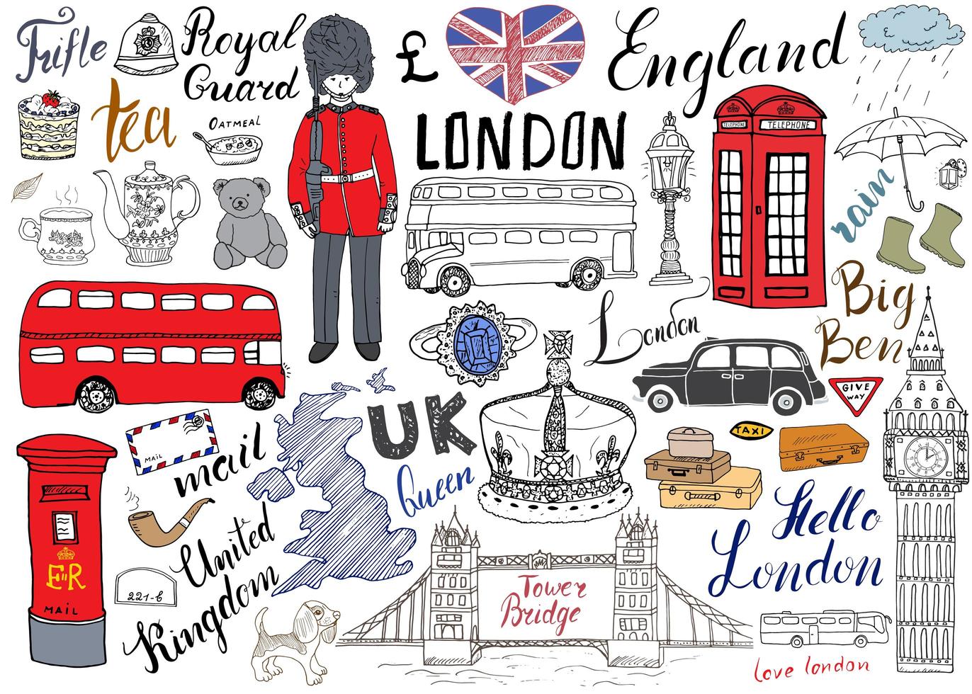 Colección de elementos de garabatos de la ciudad de Londres. conjunto dibujado a mano con puente de la torre, corona, big ben, guardia real, autobús y taxi rojos, mapa y bandera del Reino Unido, tetera, letras, ilustración vectorial aislada vector