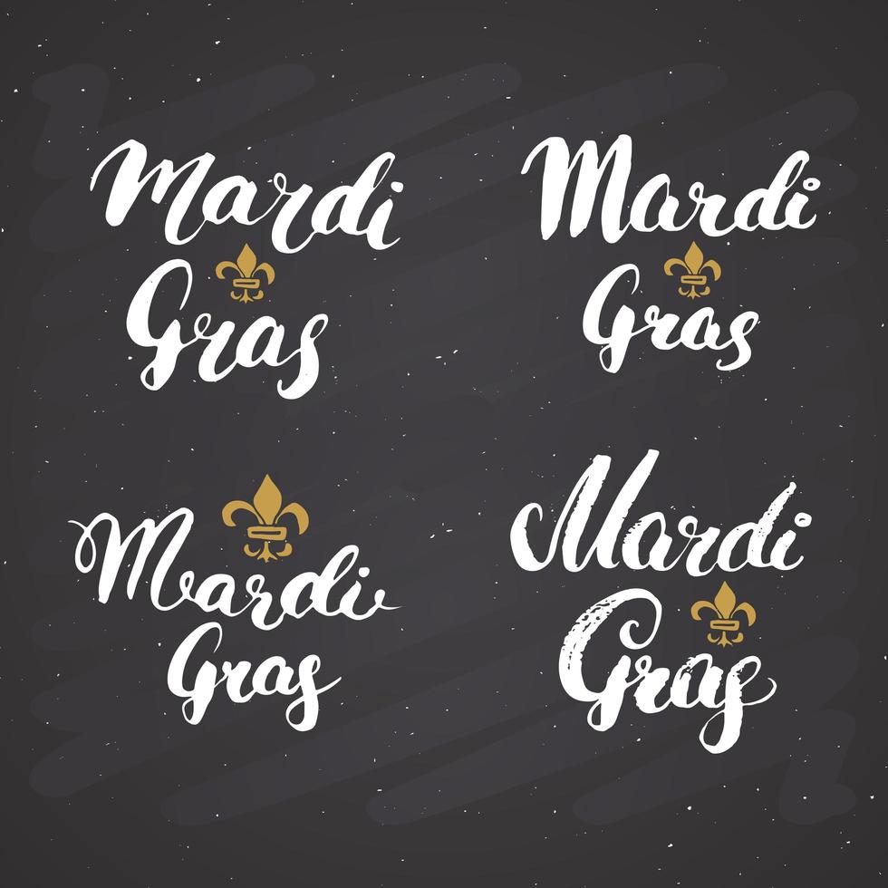 Conjunto de rotulaciones caligráficas de Mardi Gras. diseño de saludos tipográficos. Letras de caligrafía para saludo navideño. Ilustración de vector de texto de letras dibujadas a mano sobre fondo de pizarra