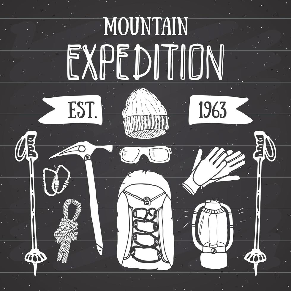 Mountain expedition vintage set. Hand drawn sketch elements for retro badge emblem, outdoor hiking adventure and mountains exploring label design, Extreme sports, vector illustration on chalkboard.