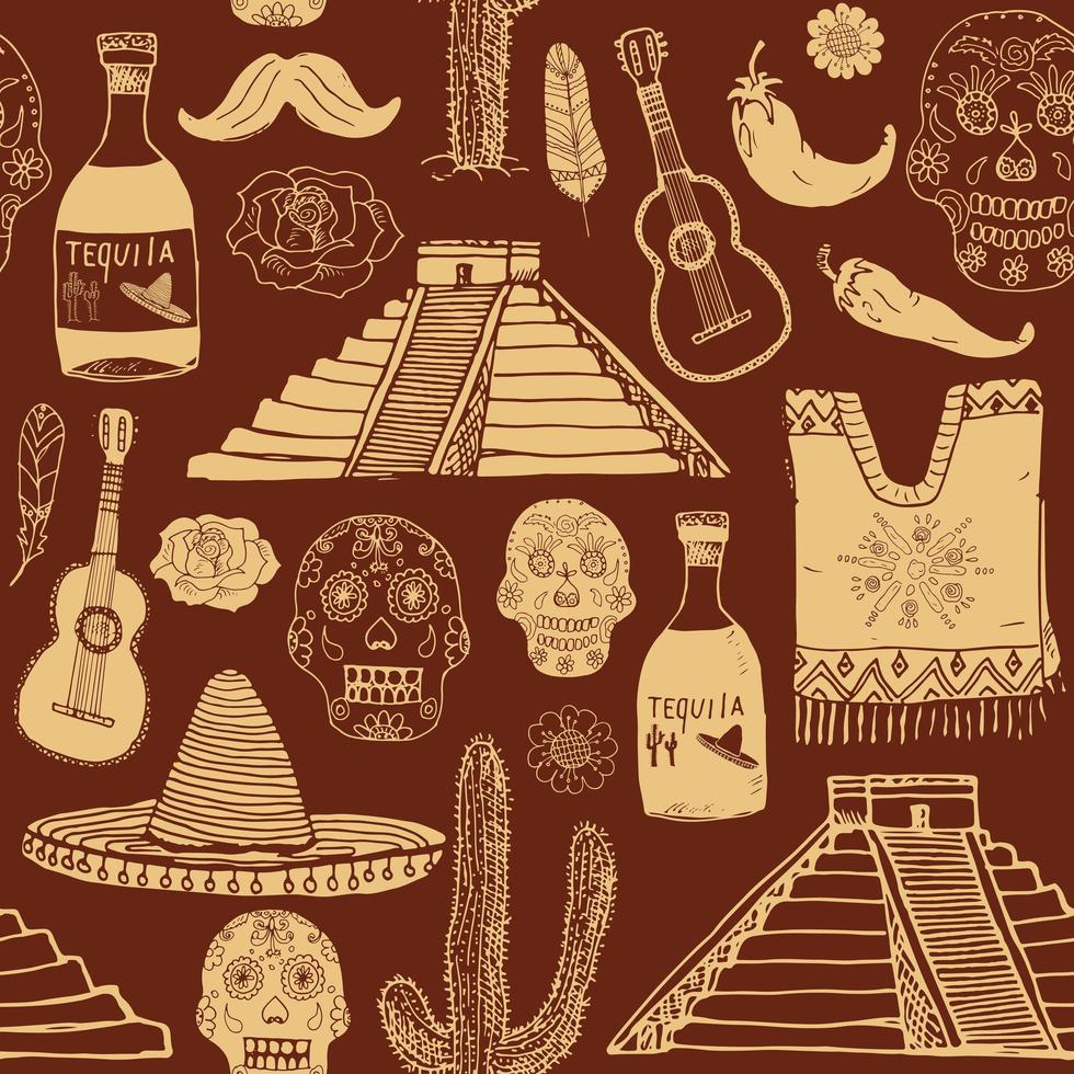 elementos de doodle de patrones sin fisuras de méxico, boceto dibujado a mano sombrero sombrero tradicional mexicano, poncho, cactus y botella de tequila, mapa de méxico, calavera, instrumentos musicales. fondo de ilustración vectorial. vector