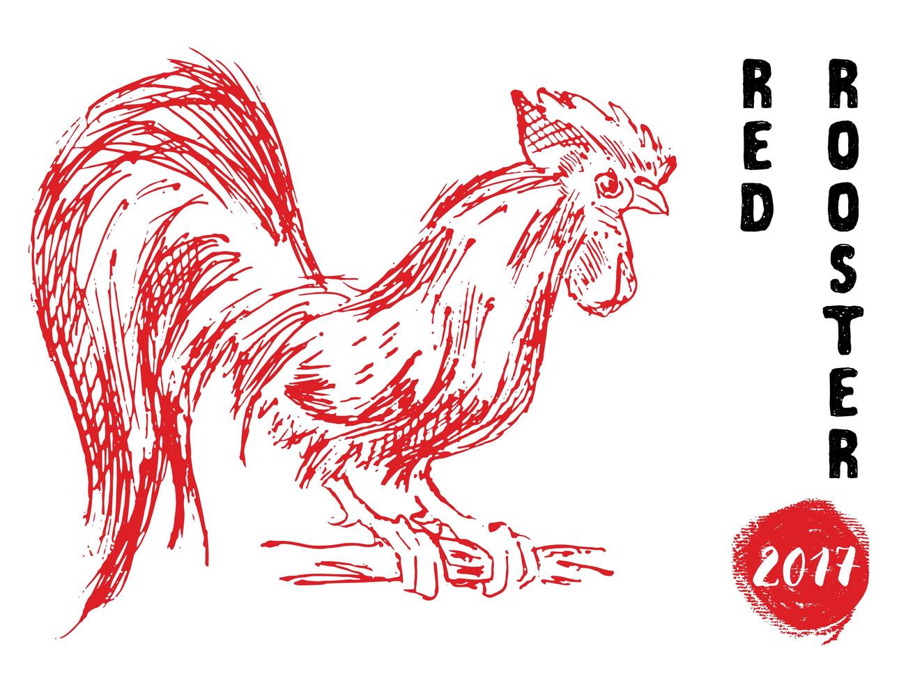 gallo rojo o símbolo del gallo del año 2017. Ilustración de vector de boceto dibujado a mano.