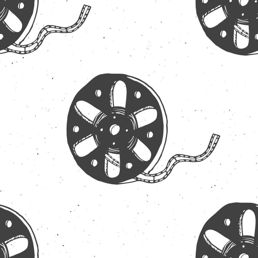 Cinema tape and film reel vintage seamless pattern, handdrawn sketch, retro movie and film industry, vector illustration