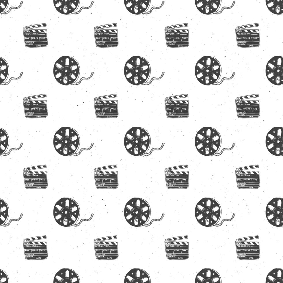 cinta de cine, carrete de película y claqueta vintage de patrones sin fisuras, boceto dibujado a mano, cine retro y industria cinematográfica, ilustración vectorial vector