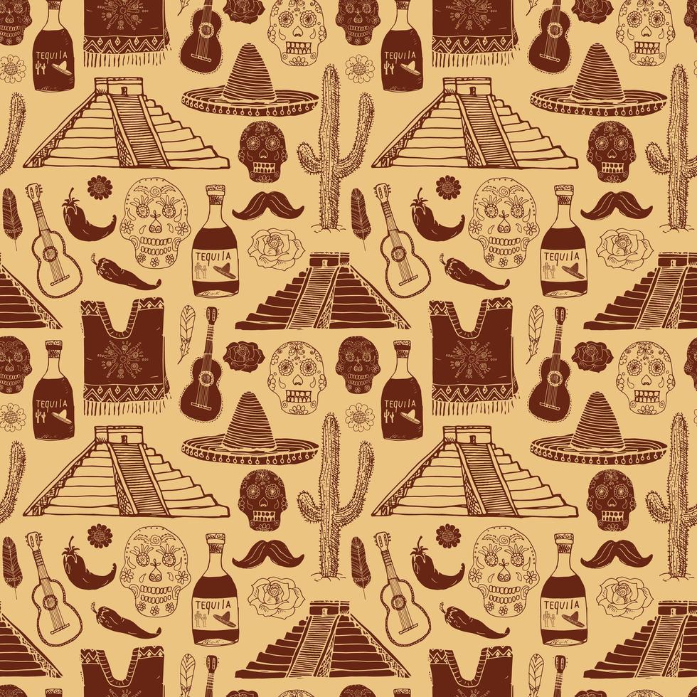 Mexico seamless pattern doodle elements, Hand drawn sketch mexican traditional sombrero hat, poncho, cactus and tequila bottle, map of mexico, skull, music instruments. vector illustration background.