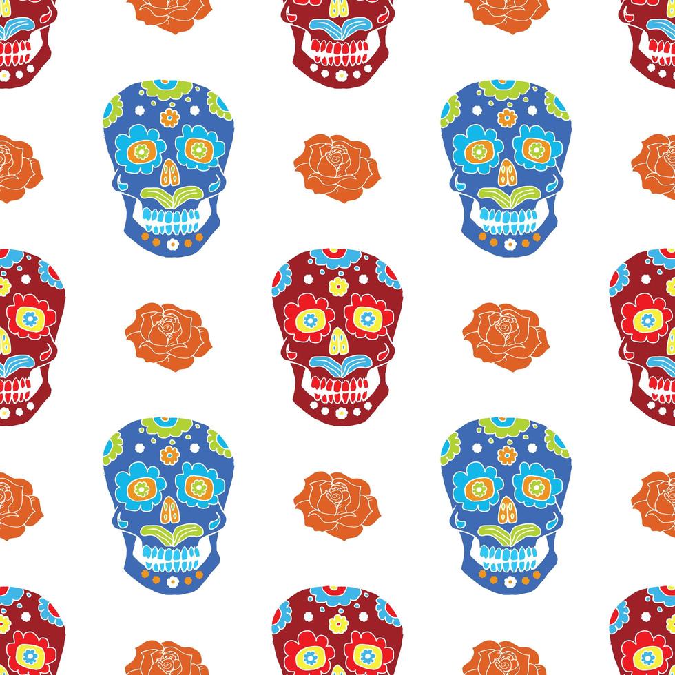 Day of the Dead seamless pattern, handdrawn sugar skulls and roses background, vector illustration