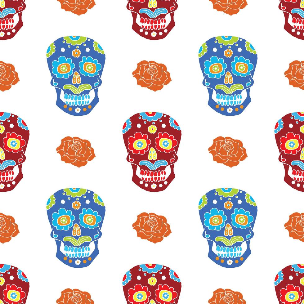 Día de los muertos de patrones sin fisuras, calaveras de azúcar dibujadas a mano y fondo de rosas, ilustración vectorial vector