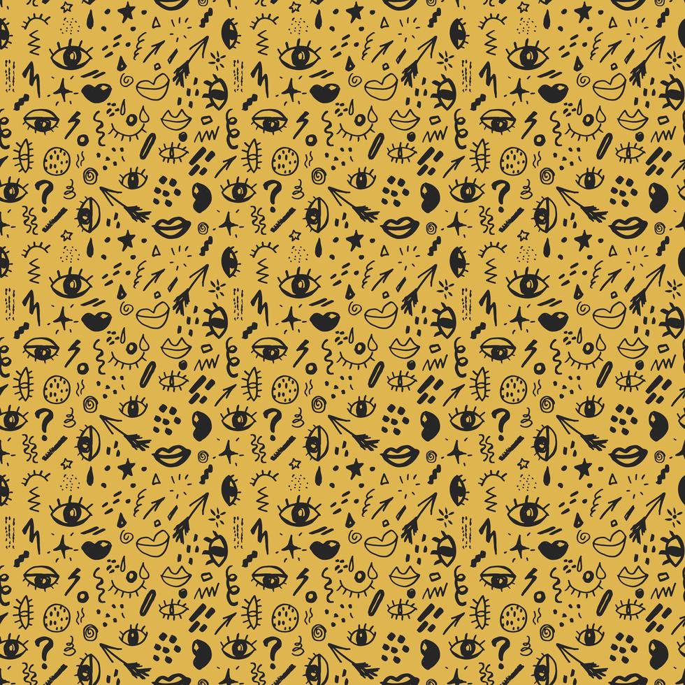 Seamless pattern with hand drawn sketched doodle elements eyes and lips, abstract background. Typography design print, vector illustration