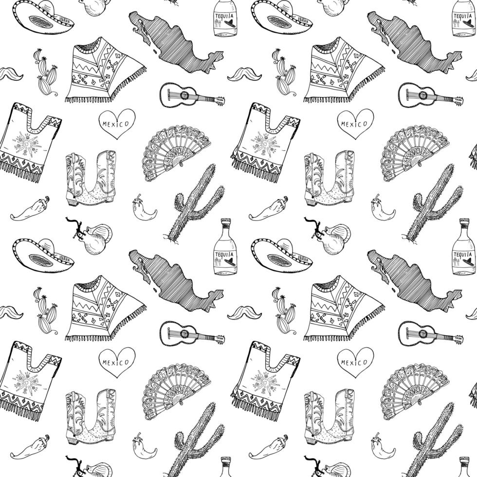 Mexico seamless pattern doodle elements, Hand drawn sketch mexican traditional sombrero hat, boots, poncho, cactus and tequila bottle, map of mexico, music instruments. vector illustration background